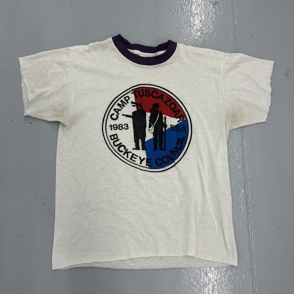 Vintage 1983 Camp Tuscazoar White Cropped Ringer T-Shirt